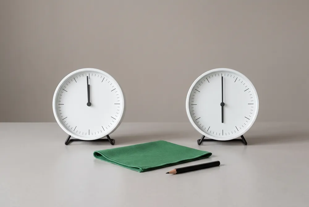 Two clocks at noon and six beside green baize